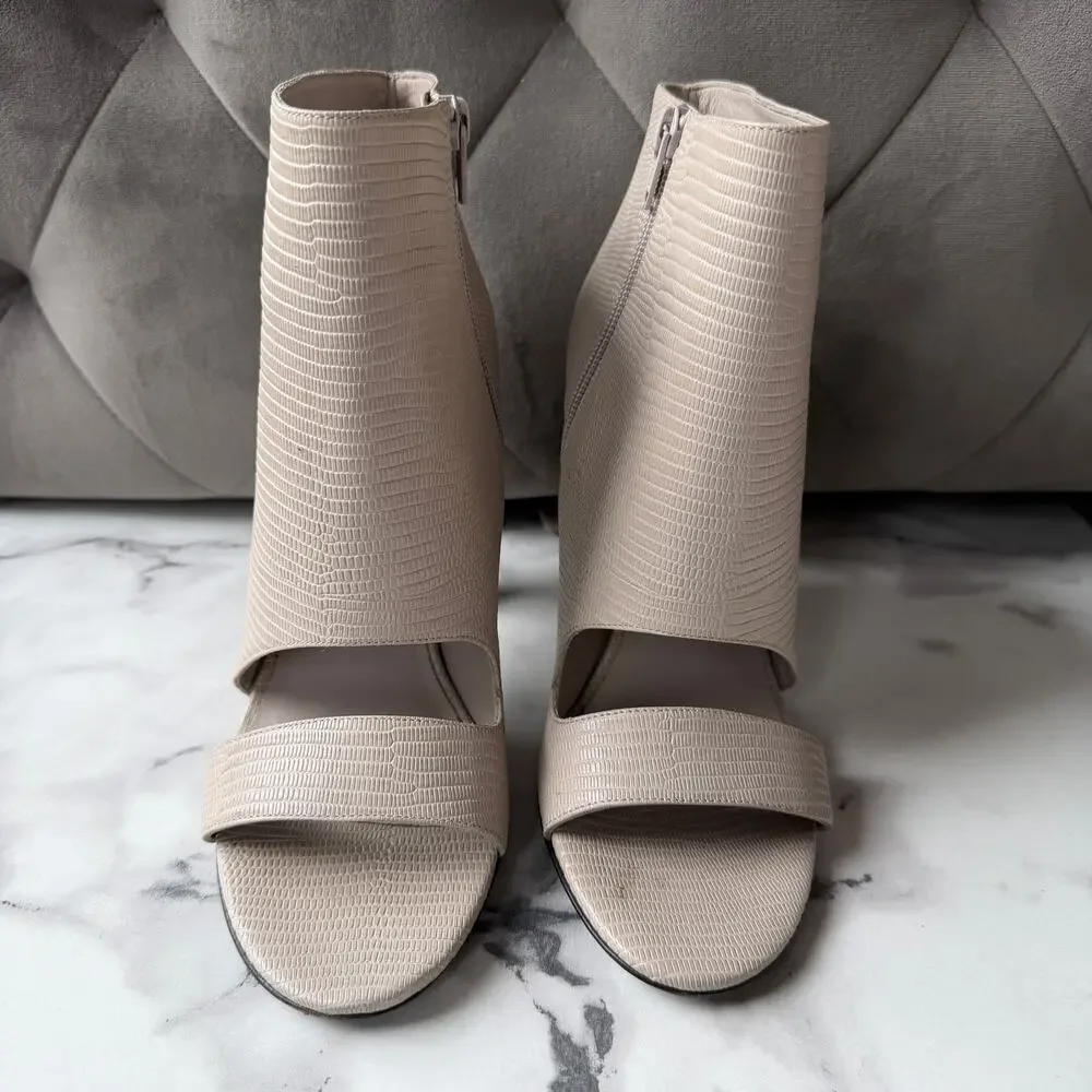 Vince Sansa Light Gray Taupe Leather Open Toe Bootie Heels Size 9.5